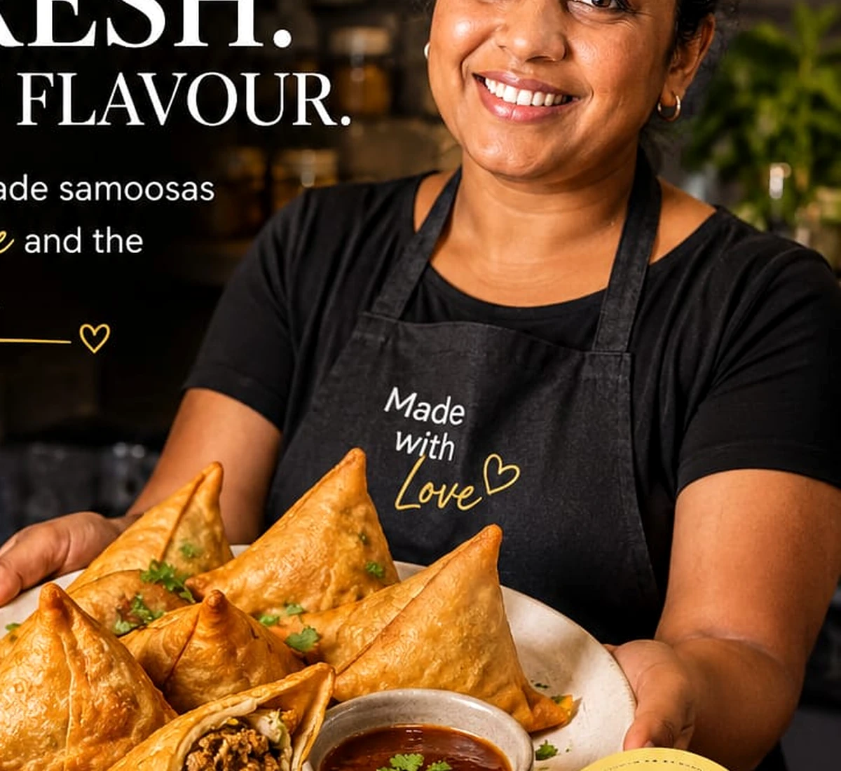 Fresh homemade samoosas presented by the maker